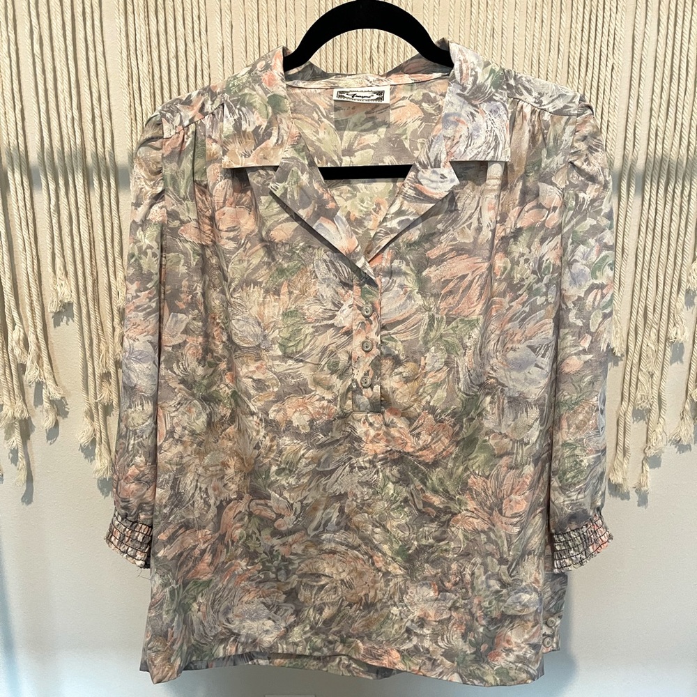 Vintage Silky Texture 3/4 Sleeve Blouse Size XL